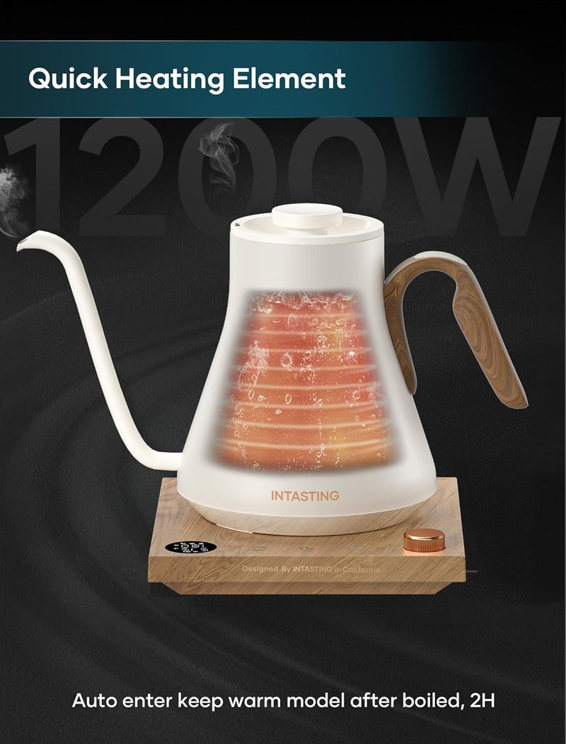 intasting Electric Kettle, Gooseneck Electric Kettle, ±1℉ Precise Temperature Control, Stainless Steel Interior, Quick Heating for Pour Over Coffee, Tea & Boiling Water, 0.9L (Cream White) - Image 5